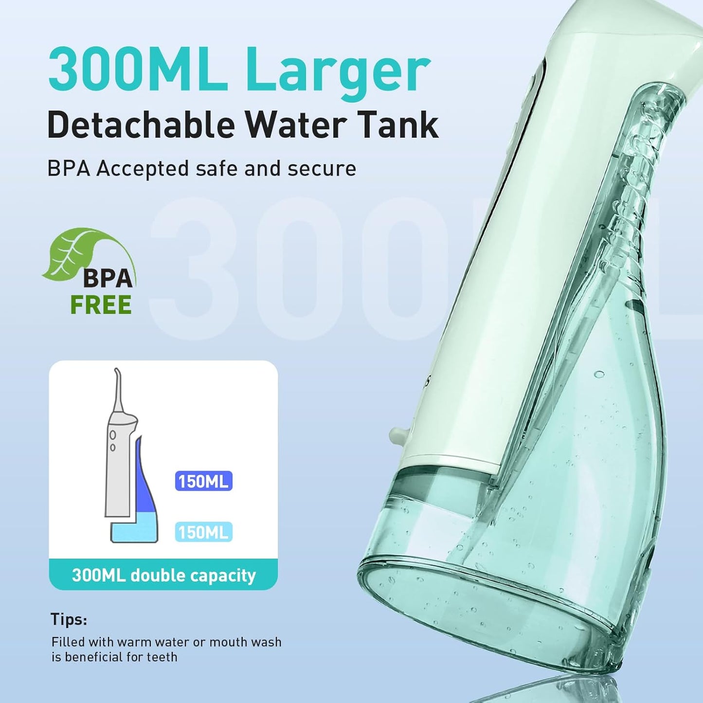 COSLUS Water Flosser C20 (F5020E): 300ML Kabelloser Elektrischer Munddusche Wiederaufladbar IPX7 Wasserdicht Tragbares Reise-Zahnseide-Set für die Zähne