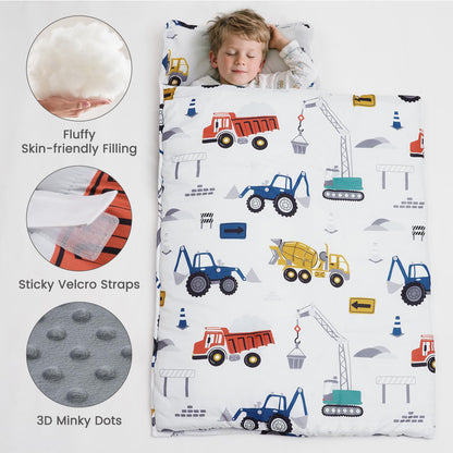 PHF Toddler Nap Mat with Removable Pillow and Minky Blanket, Rollup Design Kids Sleeping Mat, Slumber Bags for Boys, 55"x23" Toddler Sleeping Bag for Daycare Preschool Travel Camping, Space