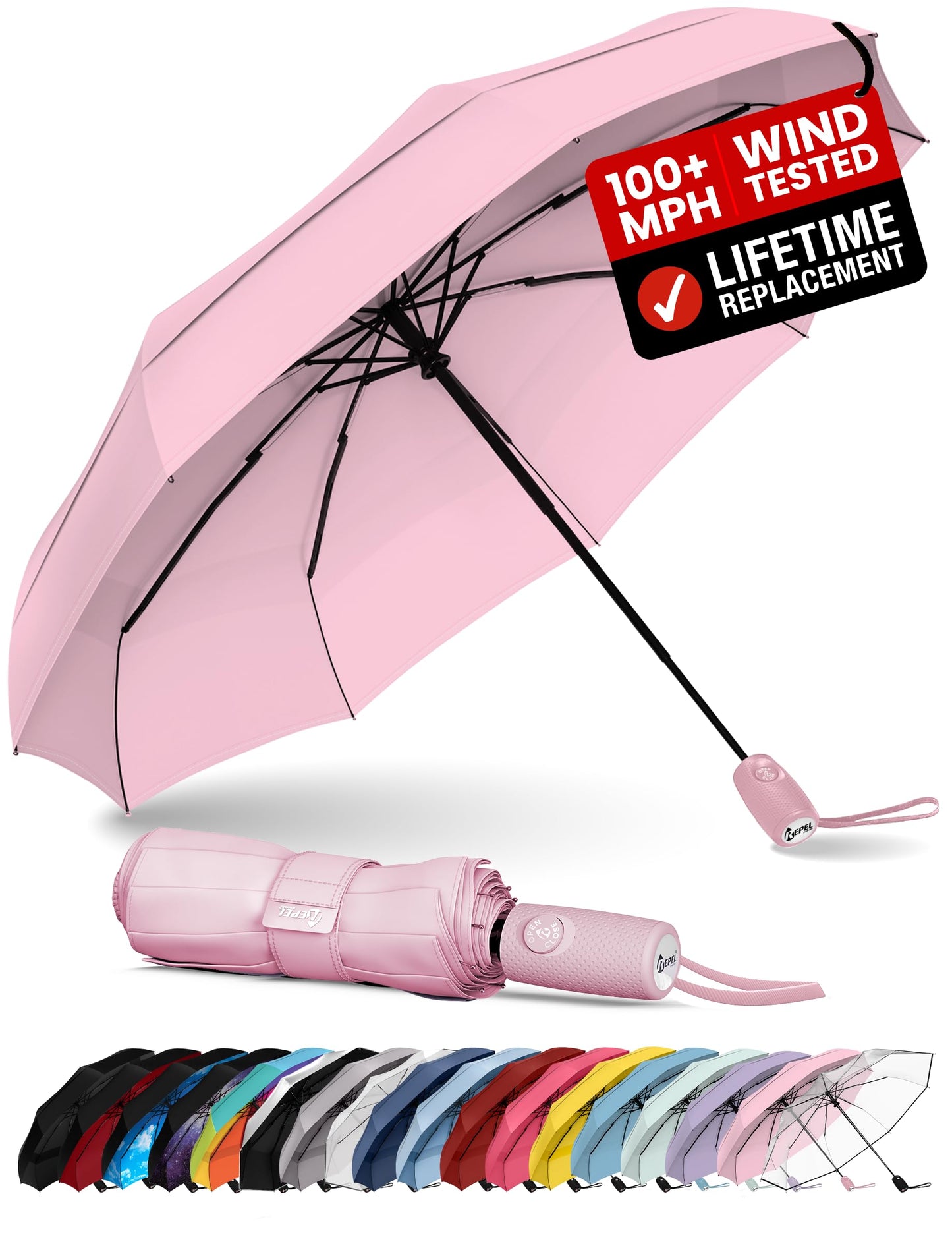 Repel Windproof Travel Umbrella - Compact & Withstands Winds up to 100MPH , Strongest Premium Auto Folding Umbrella for Rain and Sun - Durable, Light & Portable for Women & Men , Fits Backpack & Cars