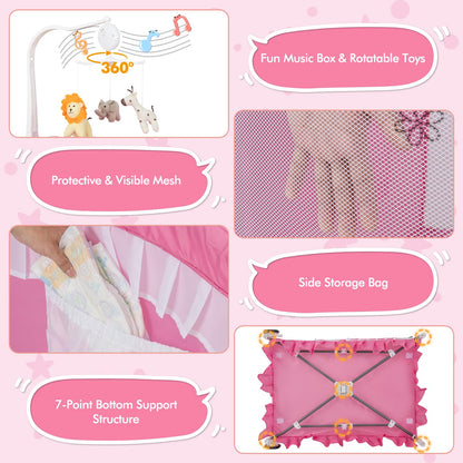 BABY JOY 4 in 1 Pack and Play with Canopy, Portable Baby Playard with Bassinet, Double-Layer Baby Crib, Wheels & Brake, Foldable Baby Girl Pink Bassinet from Newborn to Toddler