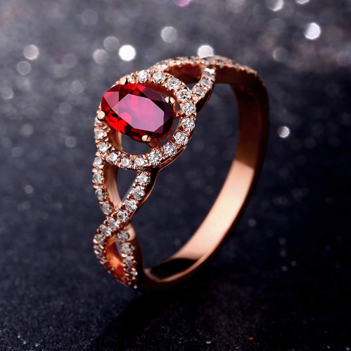 Aienid 18Ct Rose Gold Wedding Bands Oval Ruby Hollow Twisted Ring with White Diamond Engagement Ring for Her