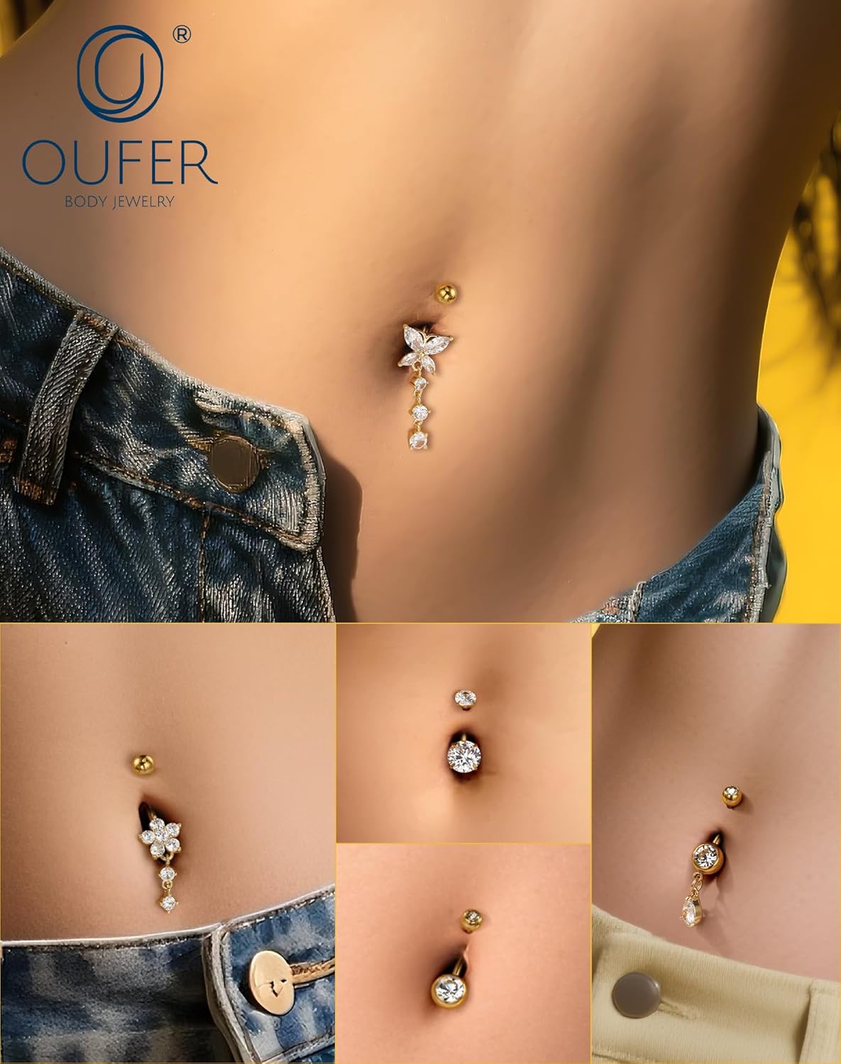 OUFER 5x Bauchnabelpiercings baumelnd – 14G Chirurgischer Stahl Bauchnabelpiercing, Hypoallergener Bauchnabelring mit Zirkonia Schmetterling Blume Tropfen Langhantel für Strand, Festival, Fitnessstudio