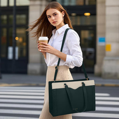 RAINSMORE Laptop Bag for Women 15.6 Inch Work Tote Bag with Detachable Strap & Bow Leather Laptop Tote with Cup Holder