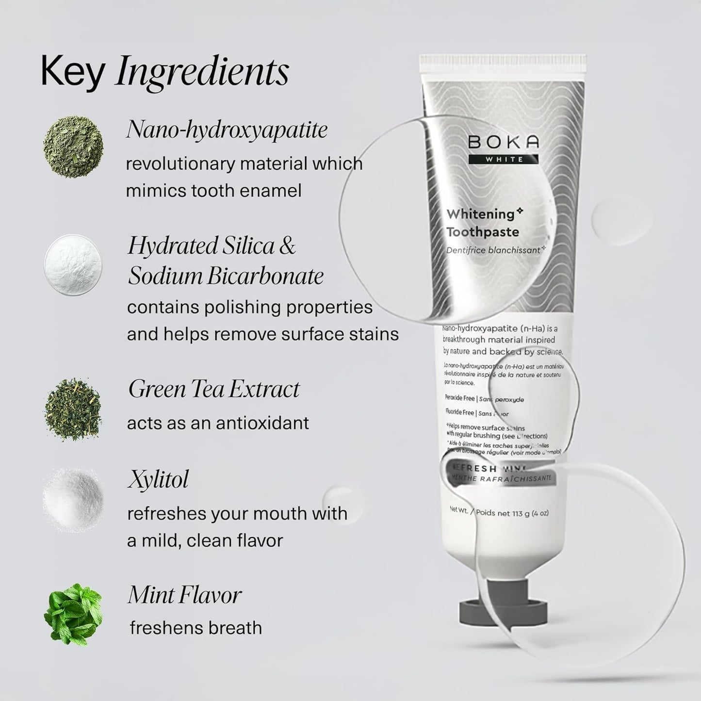 Boka Fluoridfreie Zahnpasta, Nano-Hydroxyapatit-Zahnpasta, geeignet für empfindliche Zähne – für Erwachsene, Kinder Mundpflege – Ela Mint Geschmack, 113 g (4 Fl Oz) 1 Stk