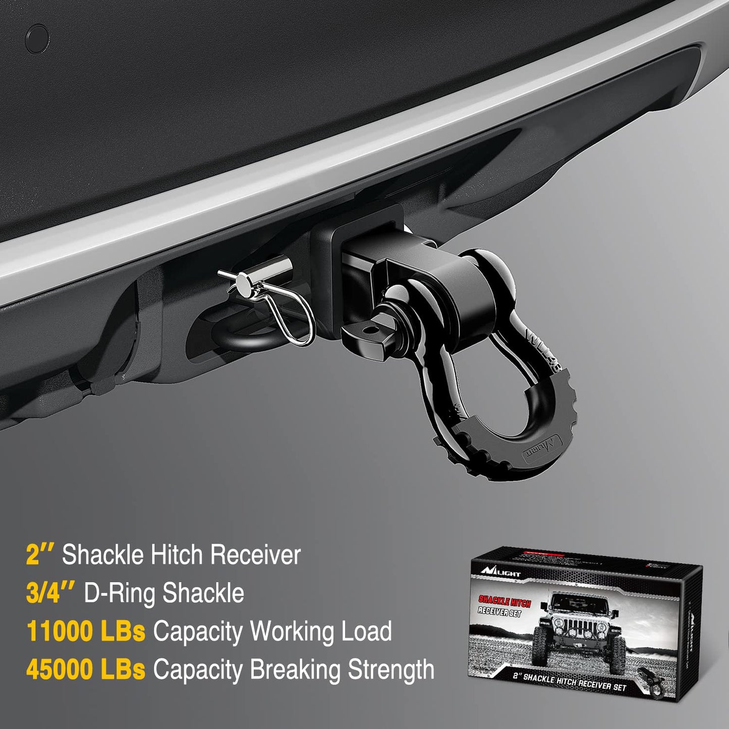 Nilight Anti-Theft Shackle Hitch Receiver 2Inch 45000 LBs Breaking Strength 3/4" Anti-Theft D Ring Shackle 5/8" Trailer Hitch Lock Pin Heavy Duty Solid Towing Kit for Trucks Off Road (Black)