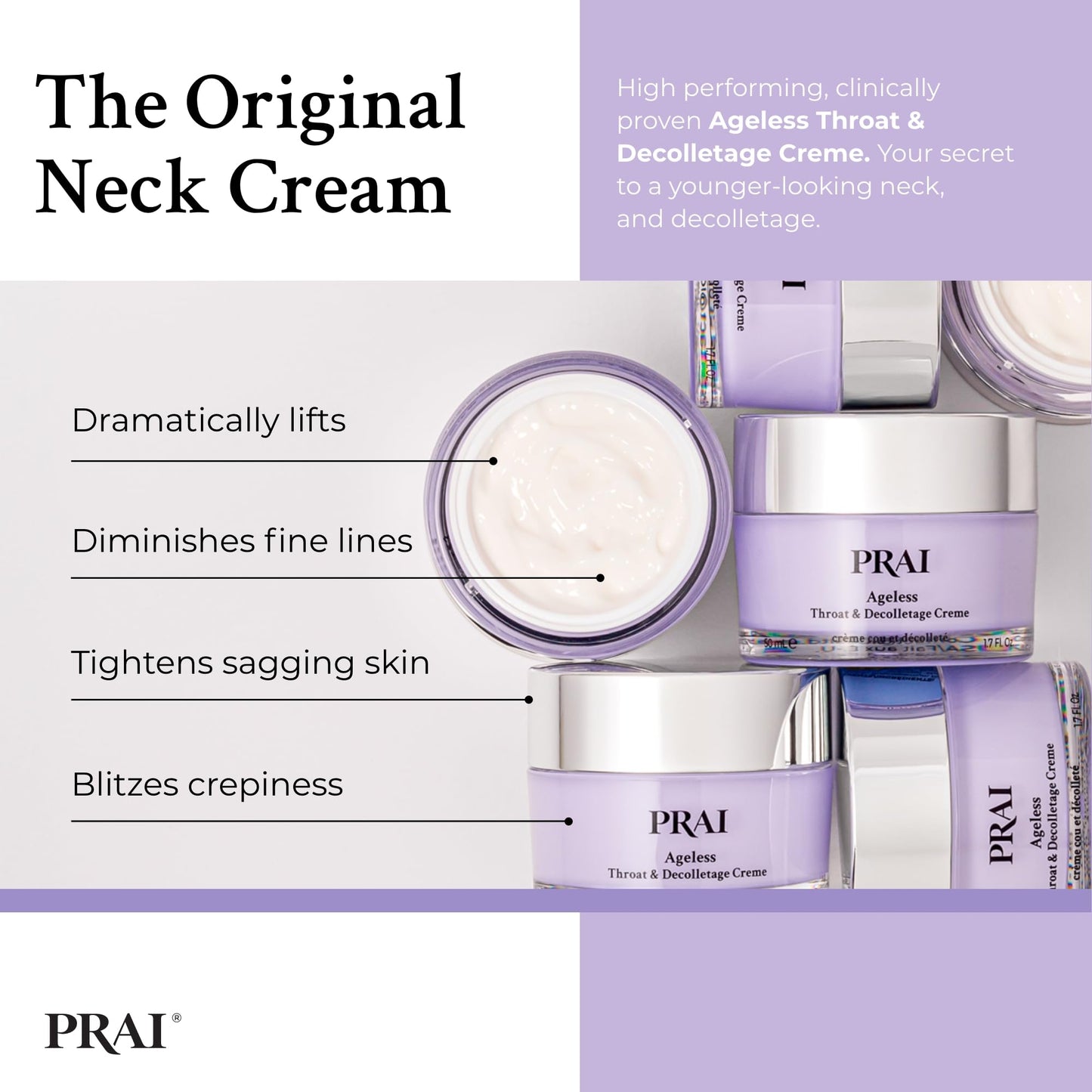 PRAI Ageless Throat & Decolletage Creme 118ml - Anti-Ageing, Collagen Boosting Skincare Cream - Tightens & Firms Skin, Reduces Wrinkles - Luxury Neck Moisturiser With Hyaluronic Acid - 7 Day Results