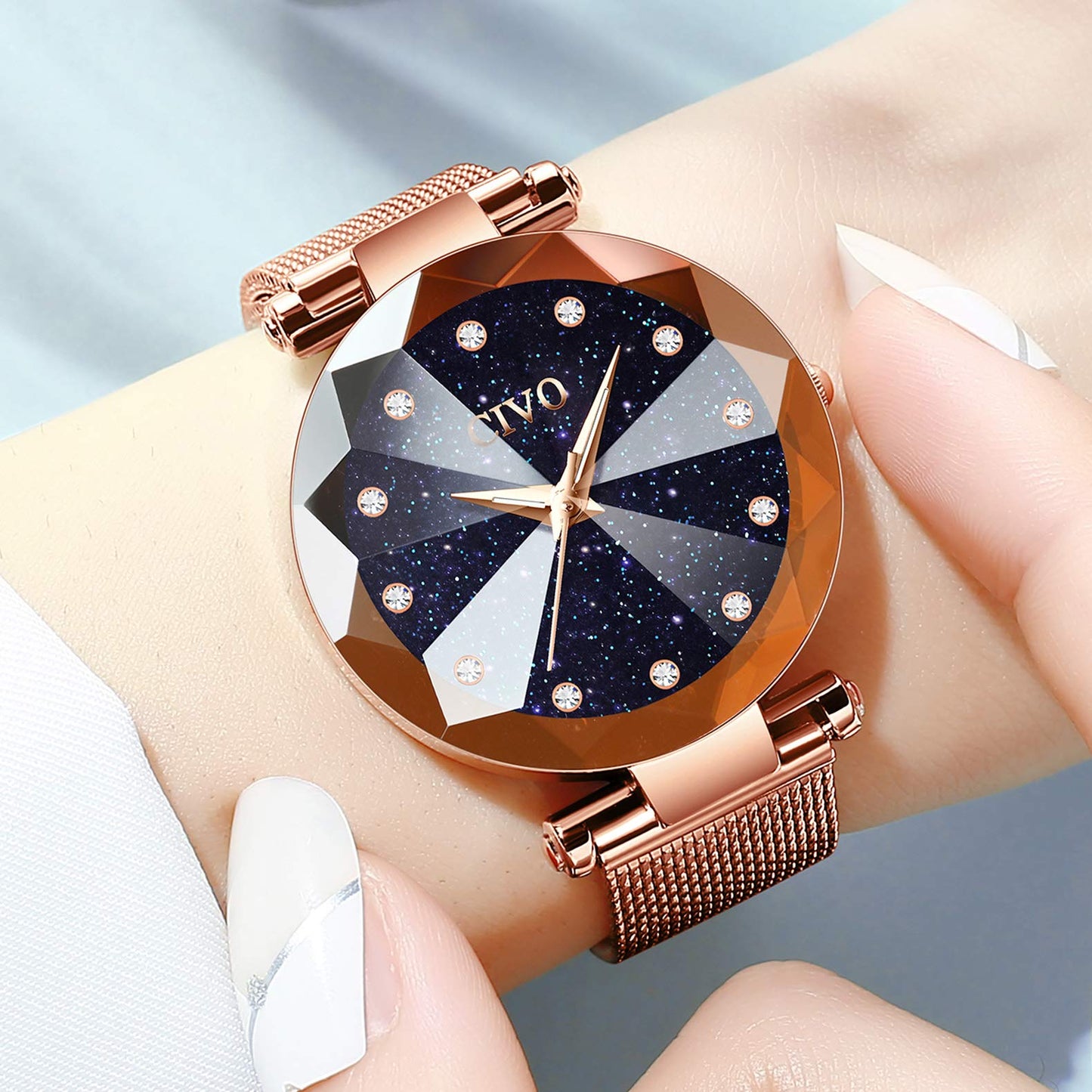 CIVO Damenarmbanduhr, wasserdichte analoge Quarzdameuhr für Damen, Roségold-Mesh-Armband, elegant, luxuriös, Designer-Damenuhr mit Diamant-Zifferblatt