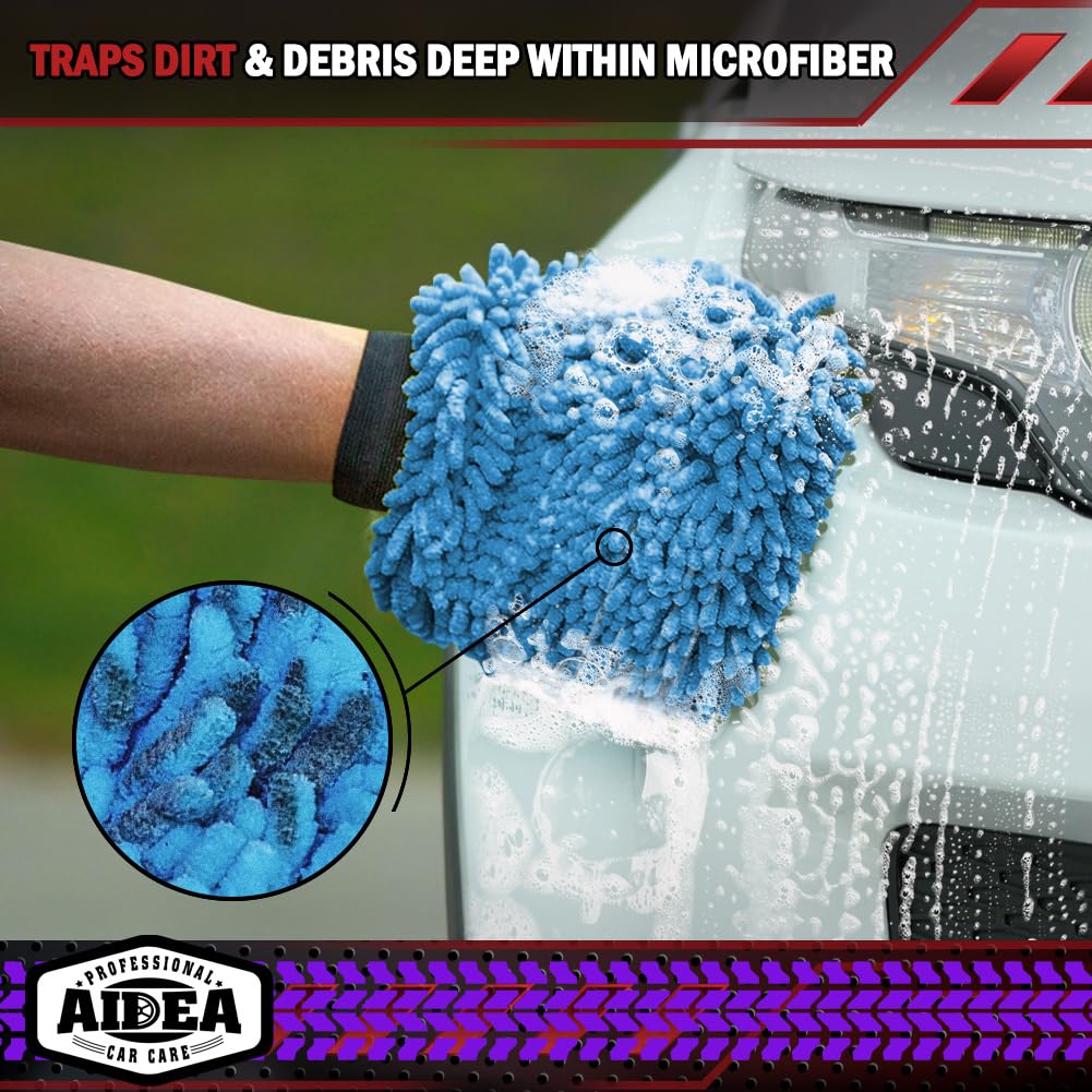 AIDEA Car Wash Mitt Microfiber, 2PK Scratch Free Lint-Free, Premium Chenille Microfiber Mitt Car Wash Brush, Green, Regular Size 7.12''X10.14''
