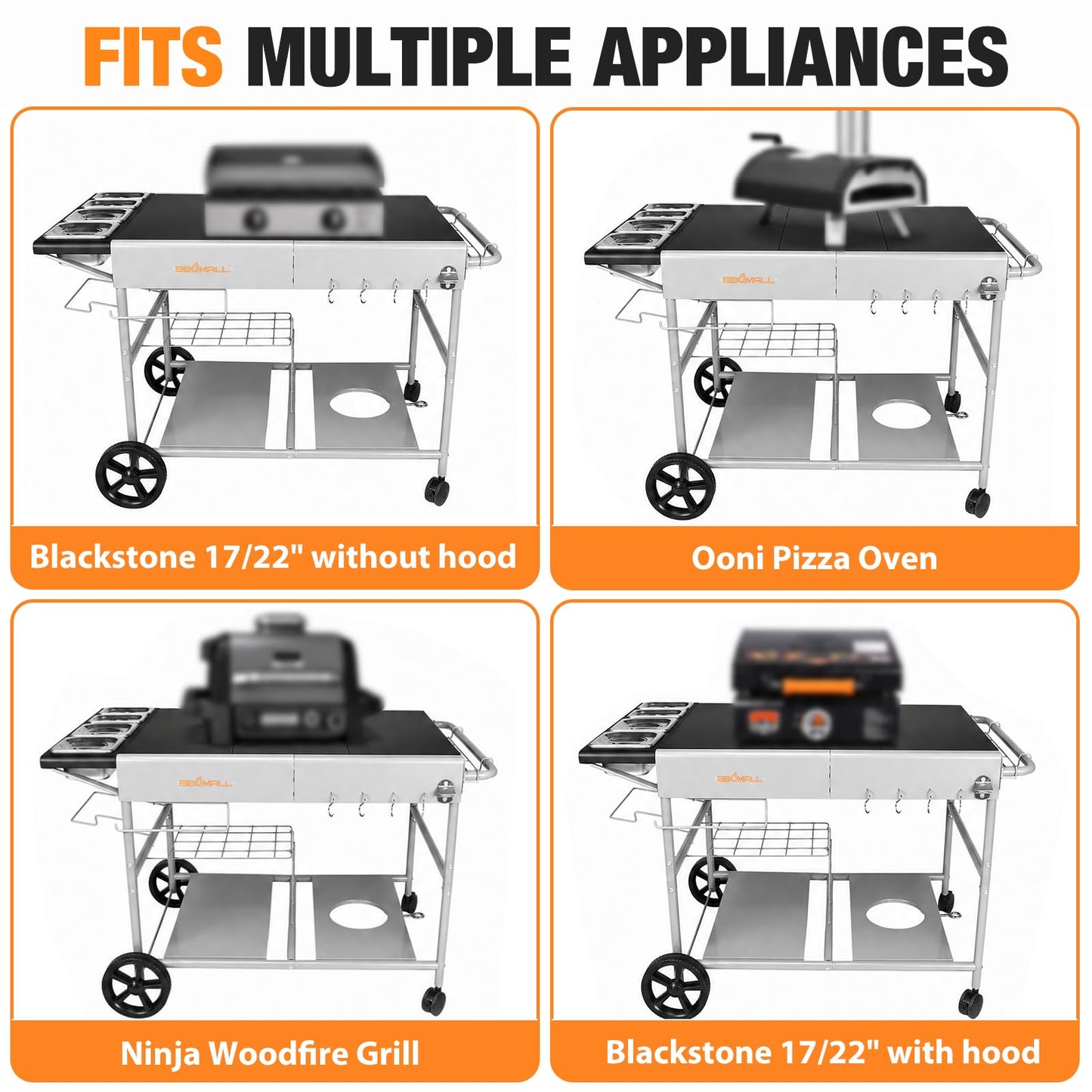 Pizza Oven Table Grill Cart with Topping Station, Grill Table Stand with Wheels for Ninja, Blackstone Griddle, Ooni, Gozney, Cuisinart, Heavy Duty BBQ Prep Cart with Storage Shelf and Hooks