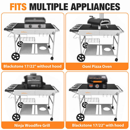 Pizza Oven Table Grill Cart with Topping Station, Grill Table Stand with Wheels for Ninja, Blackstone Griddle, Ooni, Gozney, Cuisinart, Heavy Duty BBQ Prep Cart with Storage Shelf and Hooks
