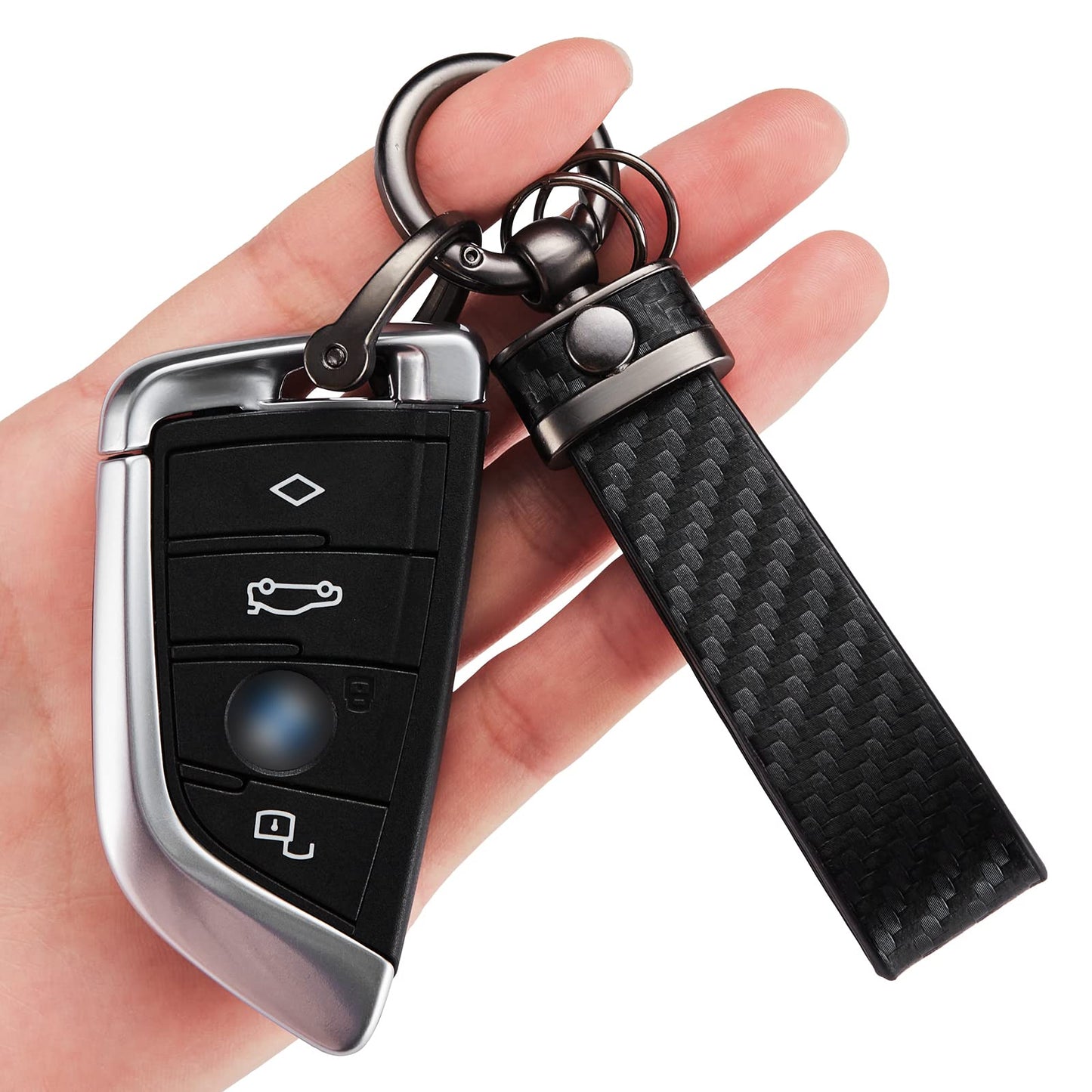 DEKEWEI Carbon Fiber Style Auto-Schlüsselanhänger aus Mikrofaser-Leder, universelle Schlüsselanhänger für Schlüssel-Fobs für Männer und Frauen, 360 Grad drehbar mit Anti-Verlust-D-Ring (Schwarz)