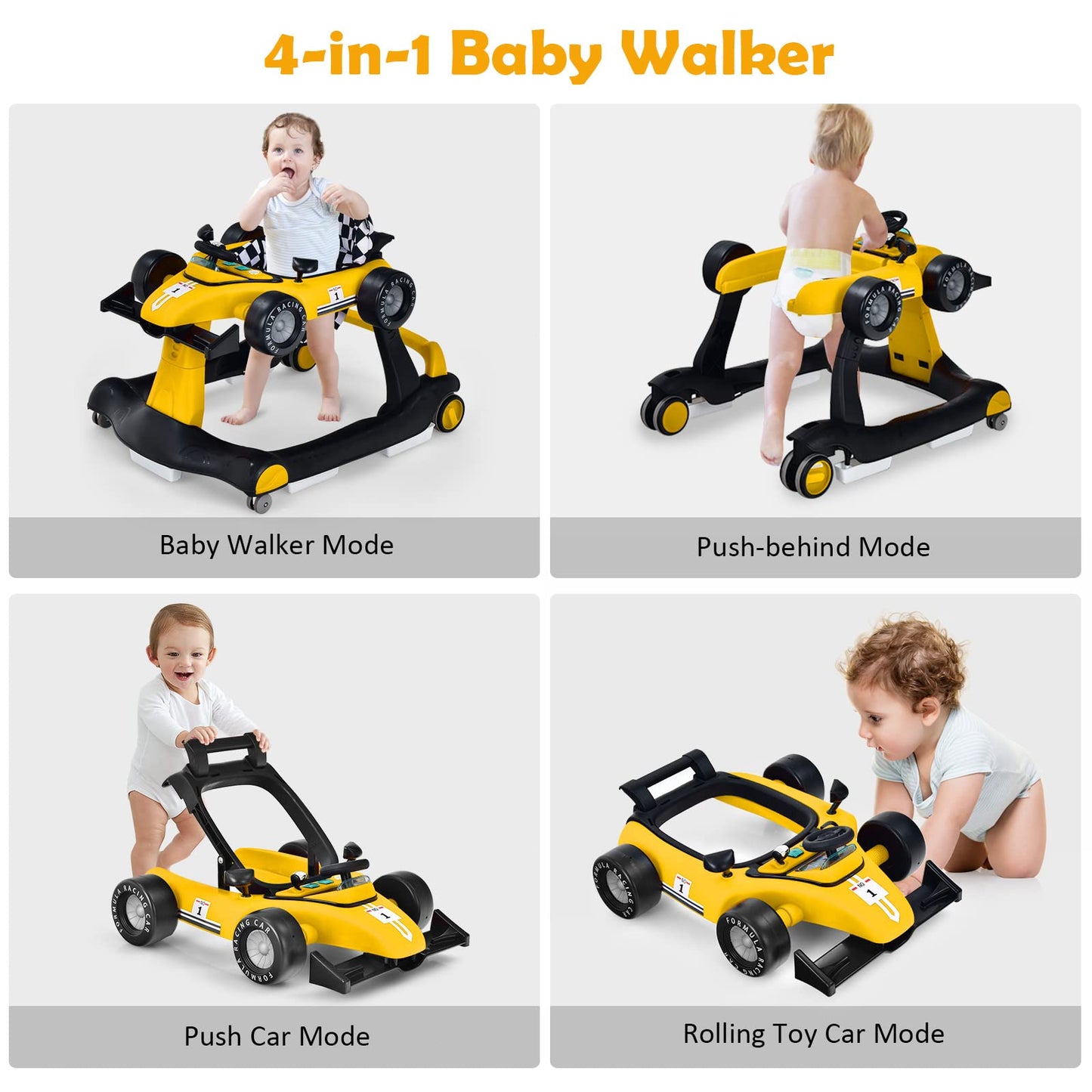 HONEY JOY 4-in-1 Baby Walker, Activity Push Walker w/3 Adjustable Heights, Smooth Wheels w/Adjustable Speed, Padded Seat, Music & Light, Foldable Car Walker for Baby Boys Girls Age 6 Months+ (Blue)