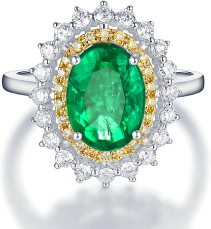18K White Gold Ring 1.93ct Oval Shape Emerald with 0.81ct Diamond Anniversary Ring for Girls