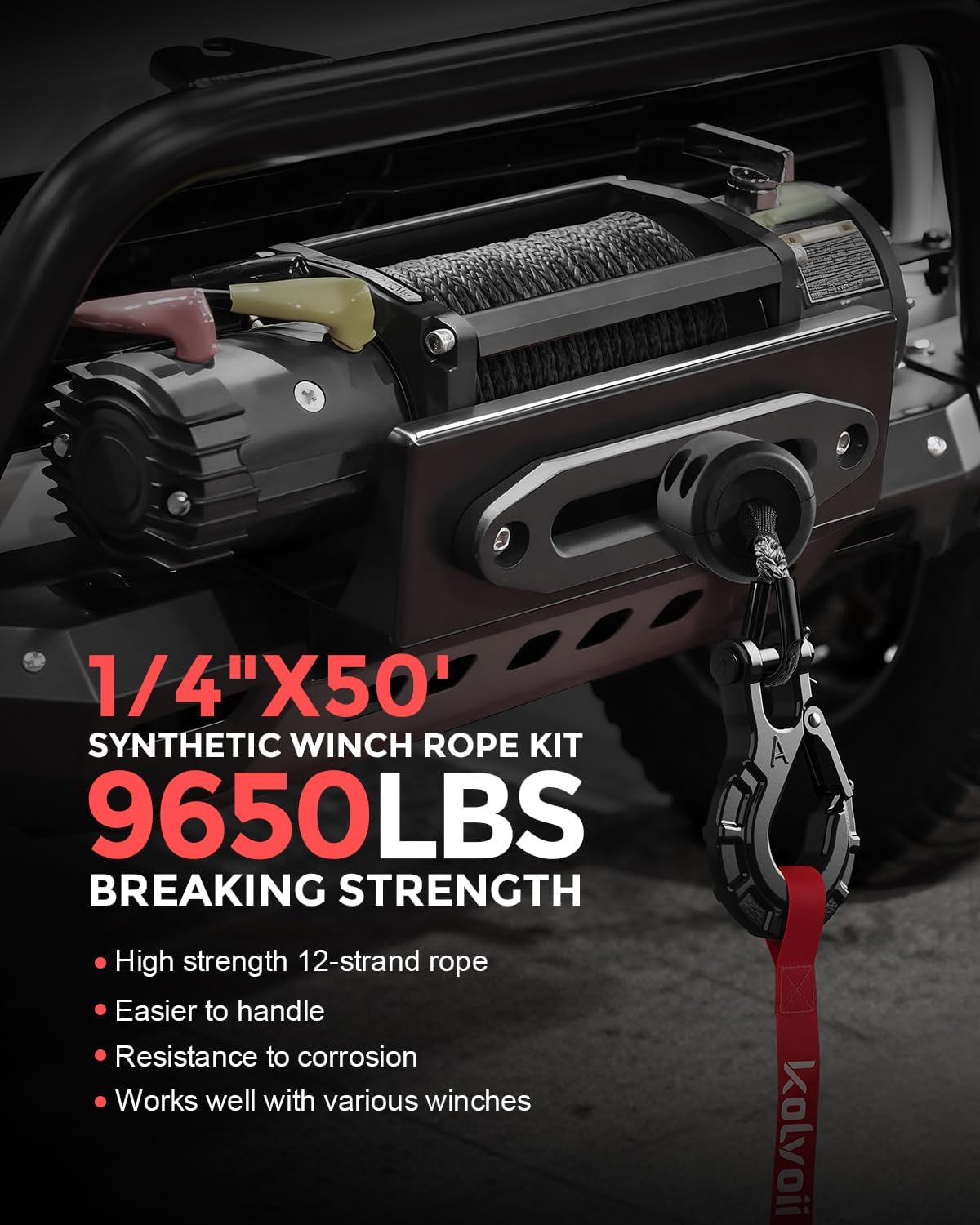 Kolvoii Synthetisches Windenseil-Set, 1/4" x 50ft 9.650lbs Windenseil mit Stahlhaken, Schutzhülle und Windenseilstopper für ATV UTV Off-Road Fahrzeuge etc. (Graues Seil, Schwarzer Haken)