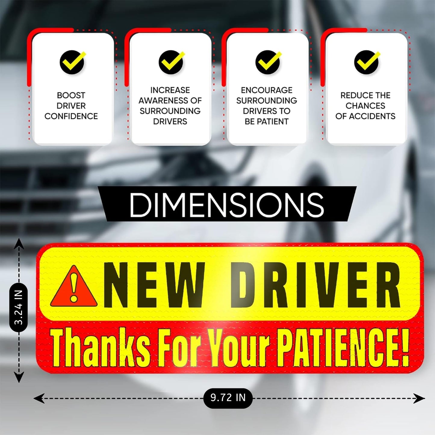 Fahranfänger-Magnet für das Auto – extra starker Halt – 24,7 cm x 8,2 cm – 3er-Pack – wichtige magnetische Fahranfänger-Aufkleber/Schilder – erinnert andere, bitte geduldig zu sein – helles und reflektierendes Schild für Fahranfänger