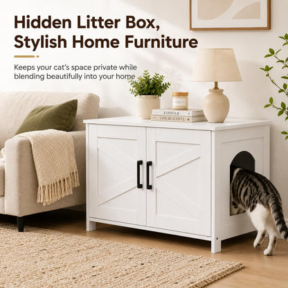 Homhedy Cat Litter Box Enclosure, Wooden Cat Washroom Furniture with Barn Door, Pet House, Fit Most of Litter Box, White