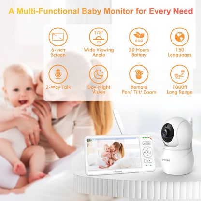 VTimes Baby Monitor with Camera and Audio, 6'' IPS Screen with 30-Hour Battery, Baby Monitor No WiFi Night Vision, ECO, 2-Way Audio, Pan-Tilt-Zoom, Baby Camera Monitor with 1000ft Range, Ideal Gift