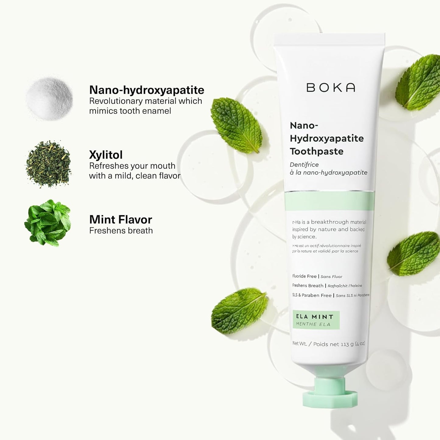 Boka Fluoridfreie Zahnpasta, Nano-Hydroxyapatit-Zahnpasta, geeignet für empfindliche Zähne – für Erwachsene, Kinder Mundpflege – Ela Mint Geschmack, 113 g (4 Fl Oz) 1 Stk