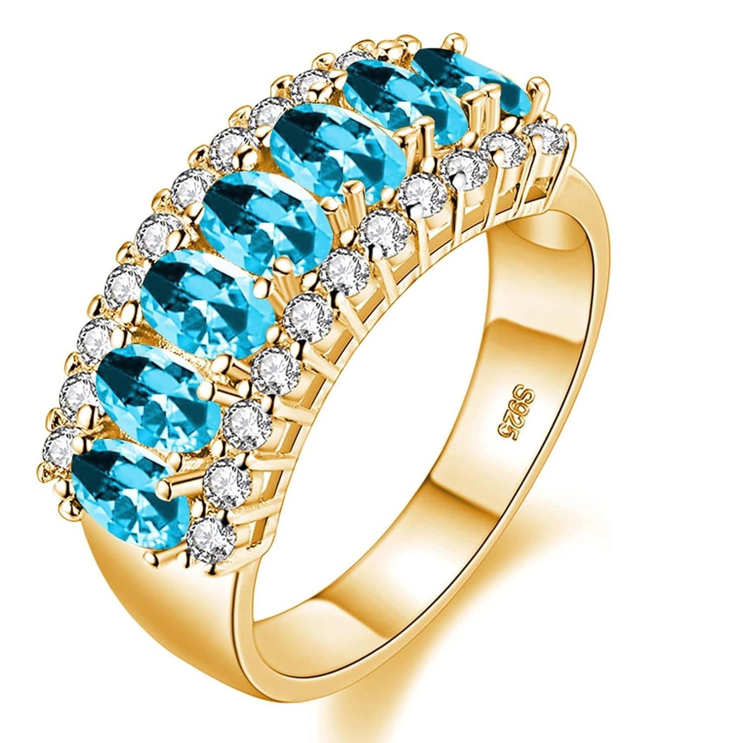 Uloveido Women's Gold Plated 7 Stones Eternity Band Ring Half Moon Design Wedding Bands with Oval CZ J501