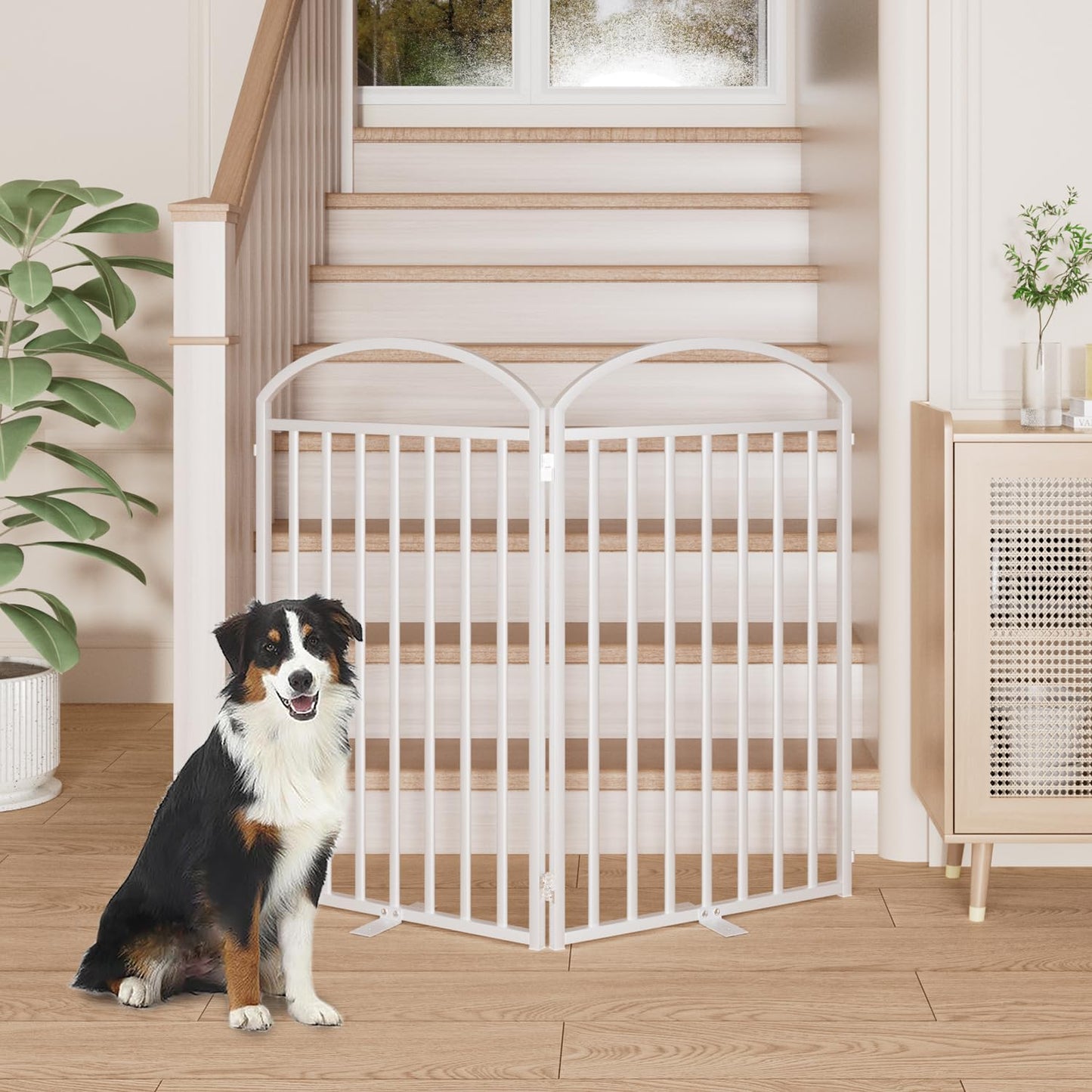 SNUOWU 4 Panels Full Matel Freestanding Dog Gates with Door, 96"Extra Wide 36"Tall Free Standing Dog Pet Gate for Indoor & Outdoor. Foldable Pet Fences for Doorways, House, Stairs, Porch, Deck, Yard