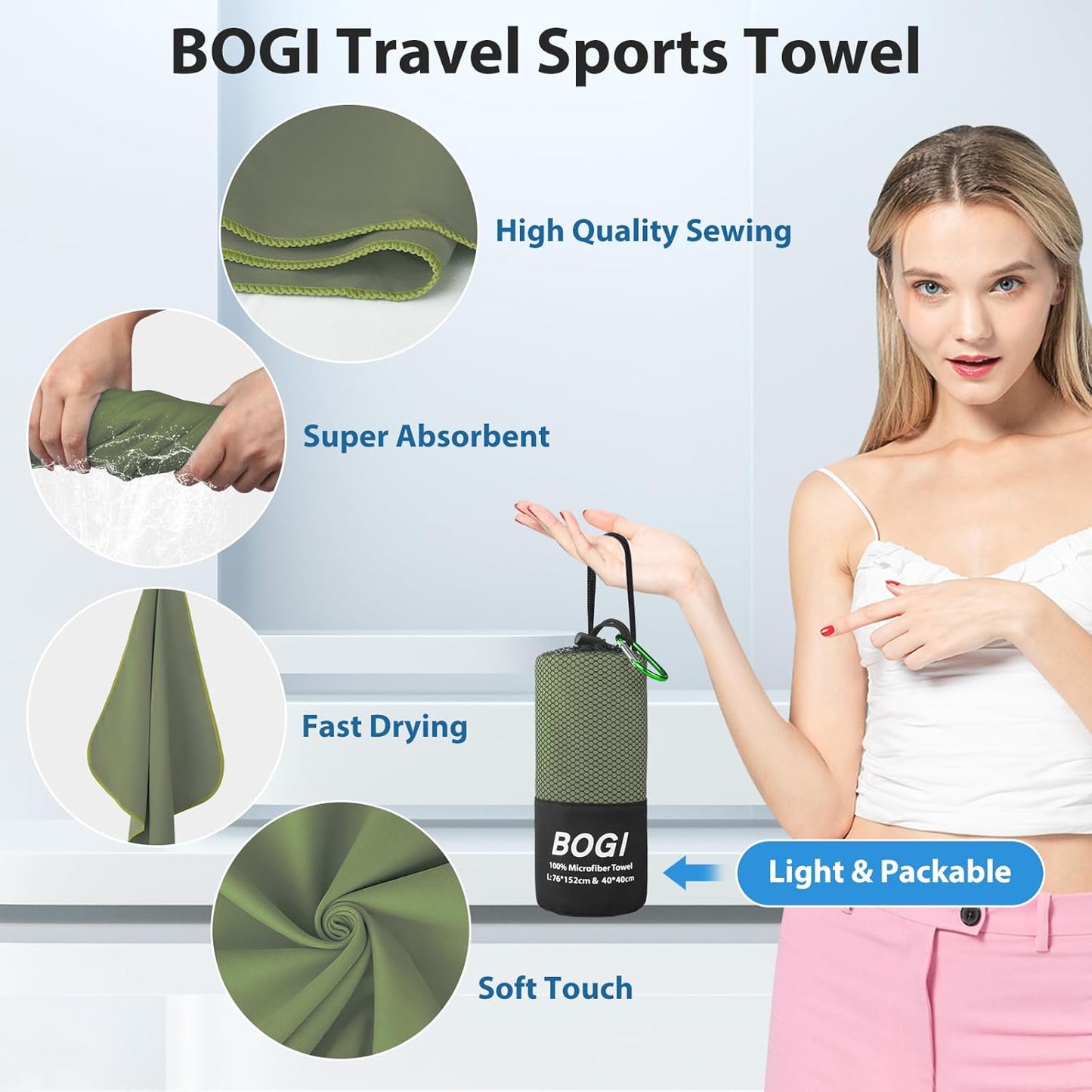 BOGI Mikrofaser Reise-Sporthandtuch – Schnelltrocknendes Handtuch, weiches, leichtes Mikrofaser Campinghandtuch, saugfähiges, kompaktes Reisehandtuch für Camping, Fitnessstudio, Strand, Bad, Yoga, Schwimmen, Rucksacktouren (M:40''x20''-Dunkelblau)
