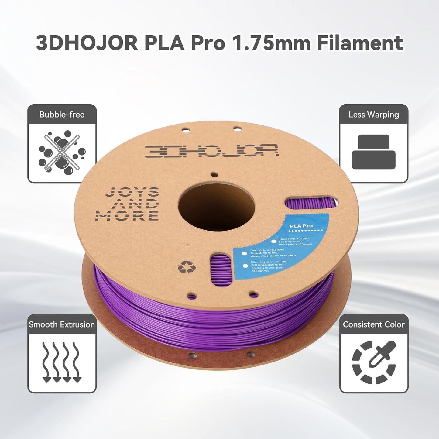 3DHoJor PLA+ Filament 1.75mm, 3D-Drucker-Filament PLA Plus, Kartonspule 3D-Druck-Filament, Maßgenauigkeit +/- 0.03 mm, Lila, 1kg