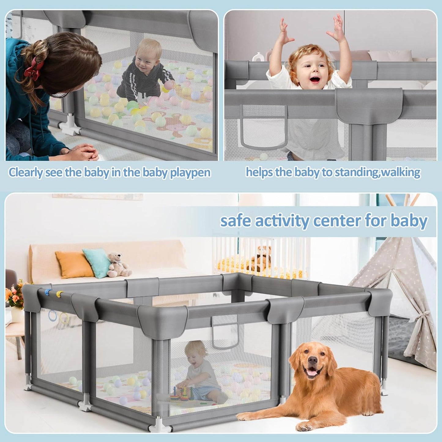 Palopalo Baby Laufgitter, 180x150cm Extra Großer Laufstall für Babys und Kleinkinder, Baby-Aktivitätszentrum mit 8 Saugnapfbasen, Baby-Laufstall mit Tür und weichem, atmungsaktivem Netz, Ohne Matte