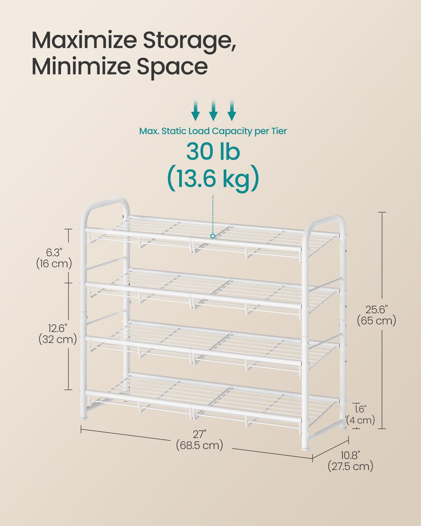 SONGMICS Stackable Shoe Rack, 4 Tier Metal Shoes Rack Storage Shelf, Holds up to 16 Pairs Shoes, Adjustable Slanted Shelves Tower Organizer for Closet Entryway Small Spaces, Bronze