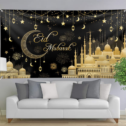 Pancarta Aviski Eid Mubarak de 78 x 43 pulgadas con fondo negro para decoraciones de fiesta musulmana
