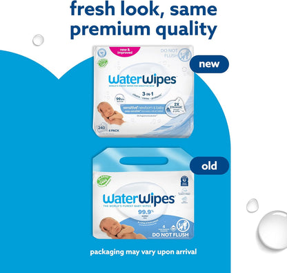 WaterWipes Sensitive+ Baby-Feuchttücher für Neugeborene und Babys, 3-in-1 reinigt, pflegt, schützt, 99,9 % Wasser, unparfümiert & hypoallergen, 720 Stück (12 Packungen)