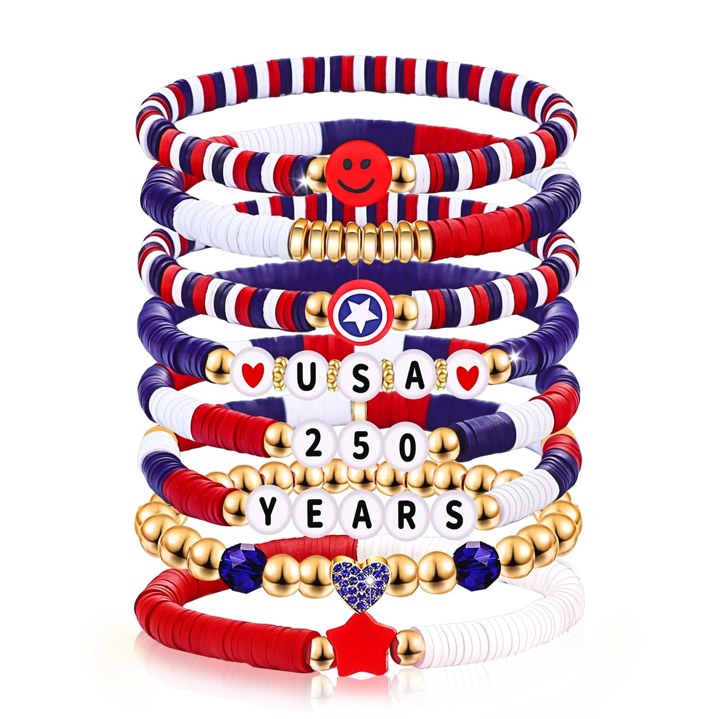 250 Anniversary USA Merchandise 4th of July Outfits for Women Men Teens Red White Blue Clay Beaded Stretch Bracelets USA Patriotic Jewelry 4th of July Accessories