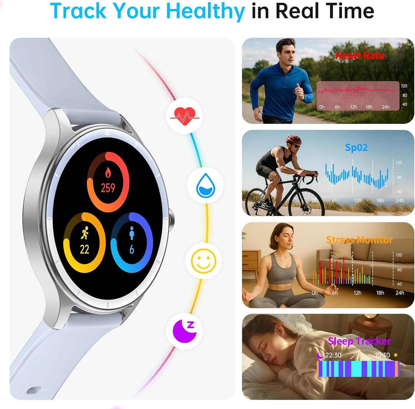 Smartwatch für Herren Damen, 1,27" HD Touchscreen Fitness Tracker, Bluetooth Anrufe, über 100 Sportmodi, Herzfrequenz-Schlafmonitor, DIY Zifferblatt, IP68 Wasserdicht, kompatibel mit Android & iOS