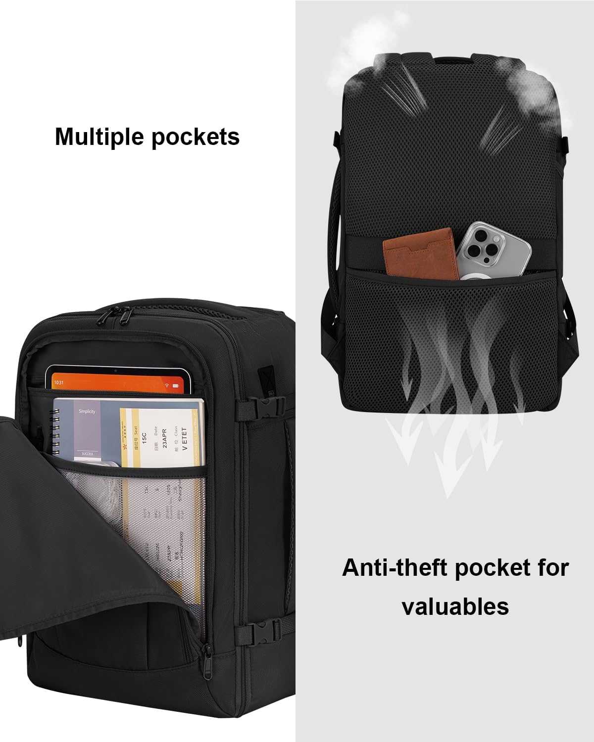 ECOHUB 16'' Reise-Rucksack Handgepäck Unterseat-Rucksack Persönlicher Gegenstand Flugzeug-Reisetasche mit 13 Taschen Handgepäck Flaschenhalter USB-Ladeanschluss Casual Daypack für Frauen Männer Schwarz