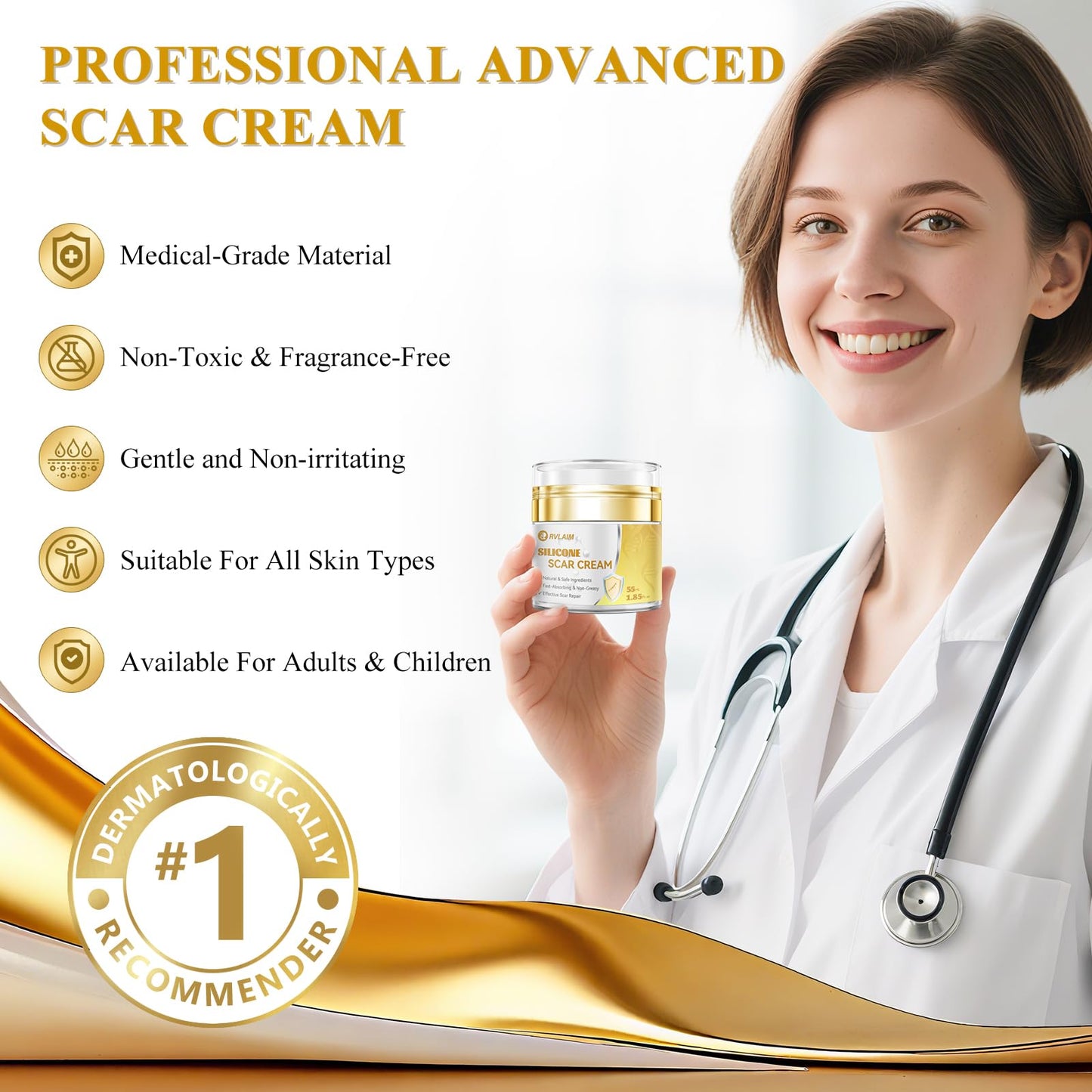 Scar Cream Silicone Scar Gel, Scar Cream for Surgical Scars, Advanced Scar Removal Cream for C-Section, Injury, Acne, Burns, Keloids, Stretch Marks, Old & New Scars, 1.85 Oz (55g)