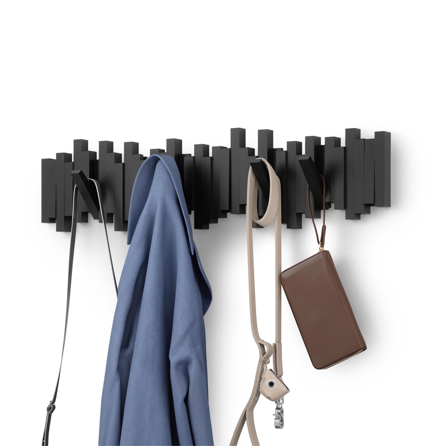 Umbra Sticks Wall-Mounted Coat Rack Rail Hook with 5 Retractable Pegs – Modern, Space-Saving Storage Organizer, Black