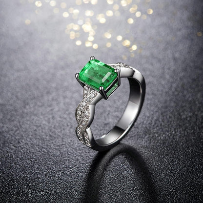 18K White Gold Ring 1.38ct Rectangular Shape Emerald with 0.29ct Diamond Promise Ring for Girls