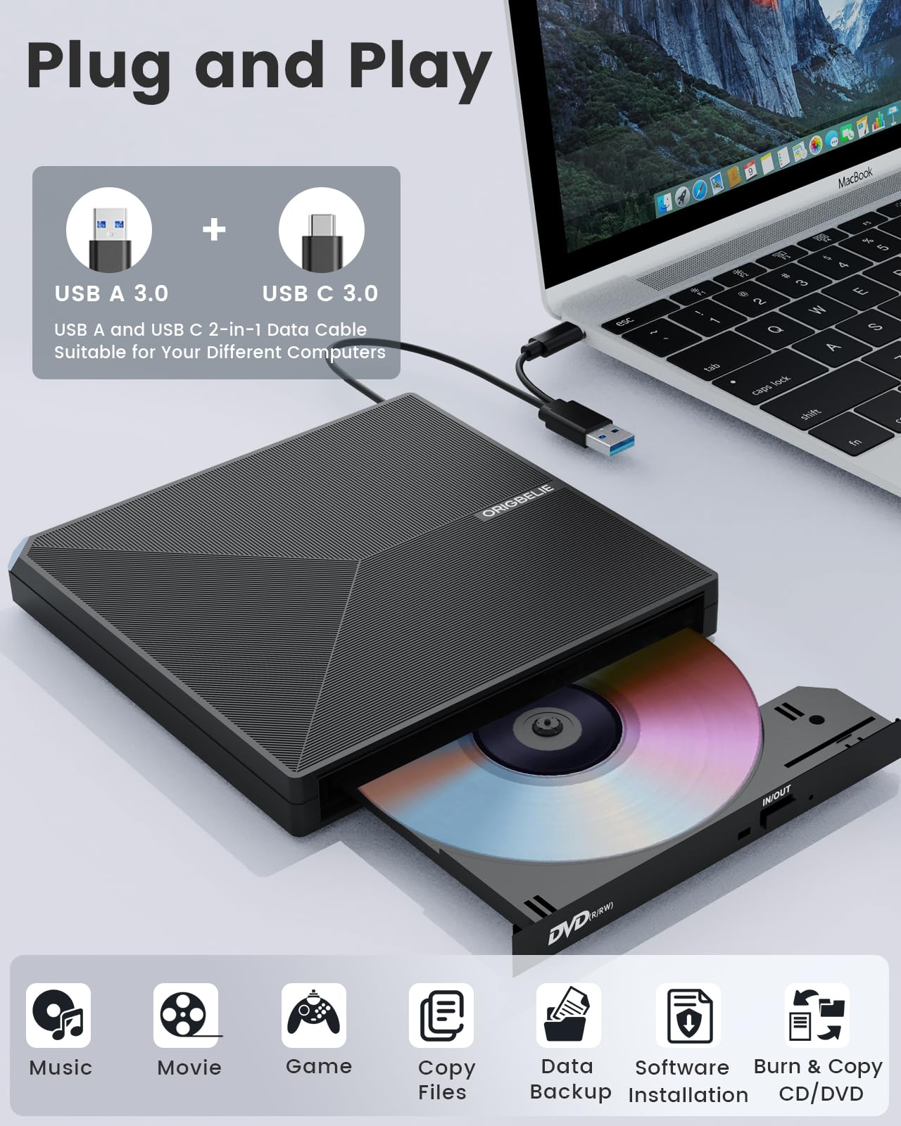 ORIGBELIE externes DVD-Laufwerk, CD-Laufwerk USB 3.0 Typ-C CD/DVD ROM +/-RW Adapter mit USB-Anschluss DVD-Brenner für Laptop, PC, Desktop-Computer, optisches Laufwerk CD-Player kompatibel mit Mac Windows Linux
