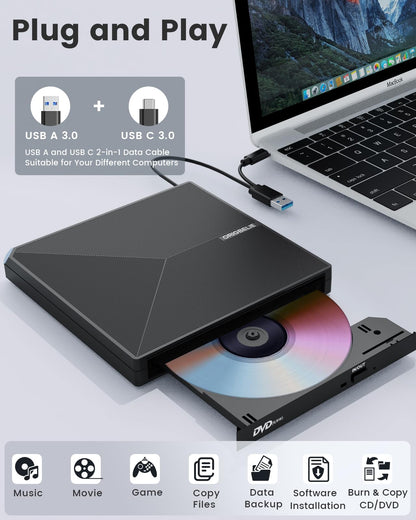 ORIGBELIE externes DVD-Laufwerk, CD-Laufwerk USB 3.0 Typ-C CD/DVD ROM +/-RW Adapter mit USB-Anschluss DVD-Brenner für Laptop, PC, Desktop-Computer, optisches Laufwerk CD-Player kompatibel mit Mac Windows Linux
