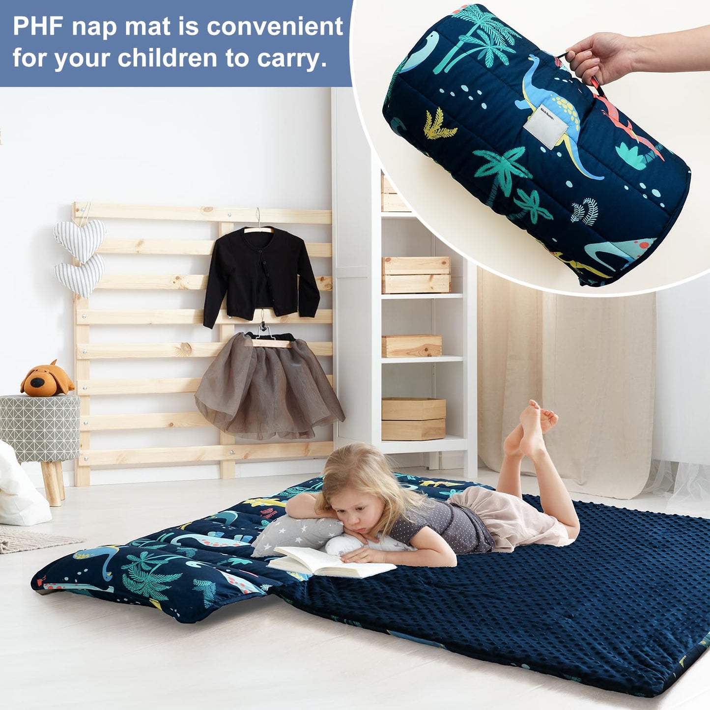 PHF Toddler Nap Mat with Removable Pillow and Minky Blanket, Rollup Design Kids Sleeping Mat, Slumber Bags for Boys, 55"x23" Toddler Sleeping Bag for Daycare Preschool Travel Camping, Space