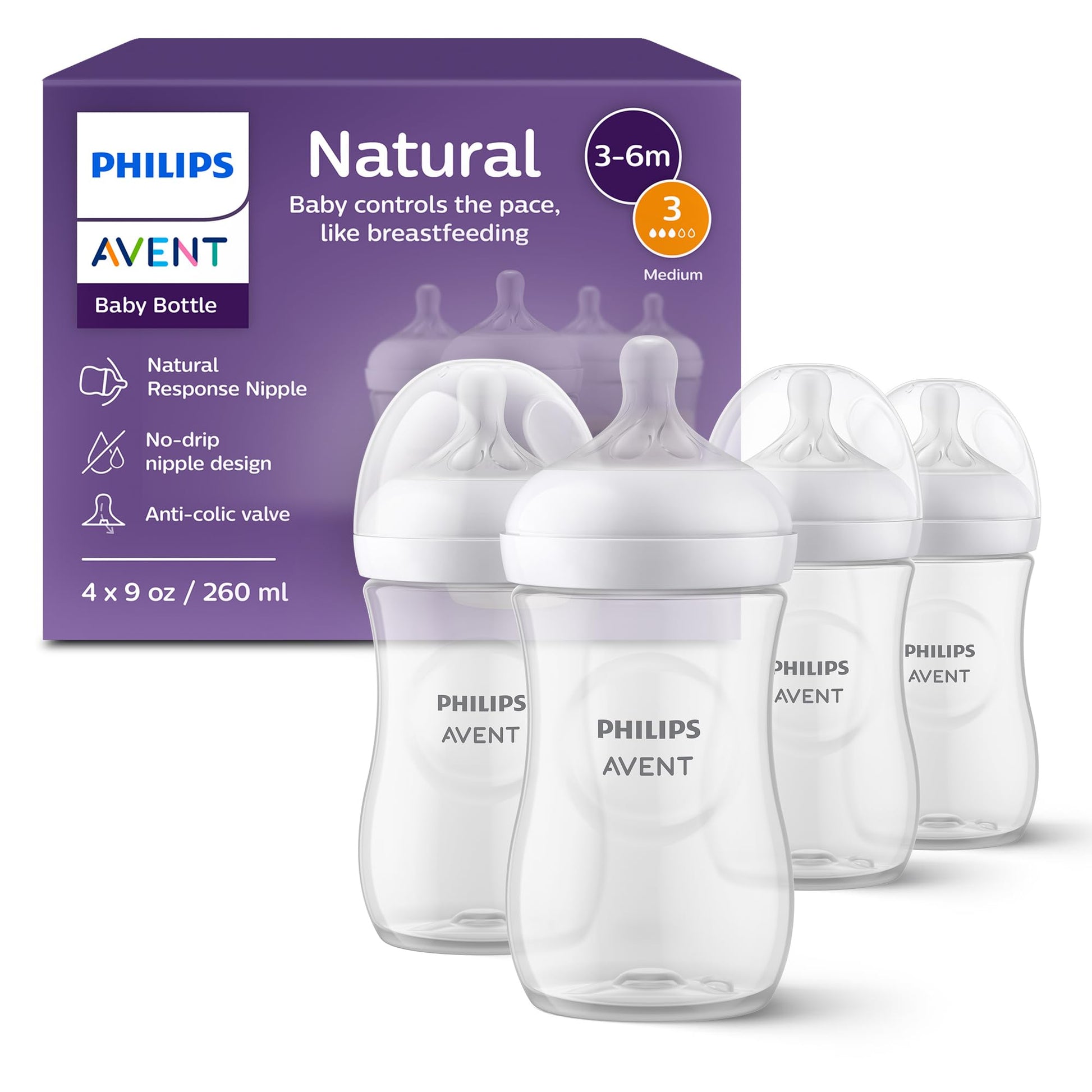 Philips Avent Natural Baby Bottle with Natural Response Nipple (Medium Flow,Flow 3), 9oz, SCY903/01