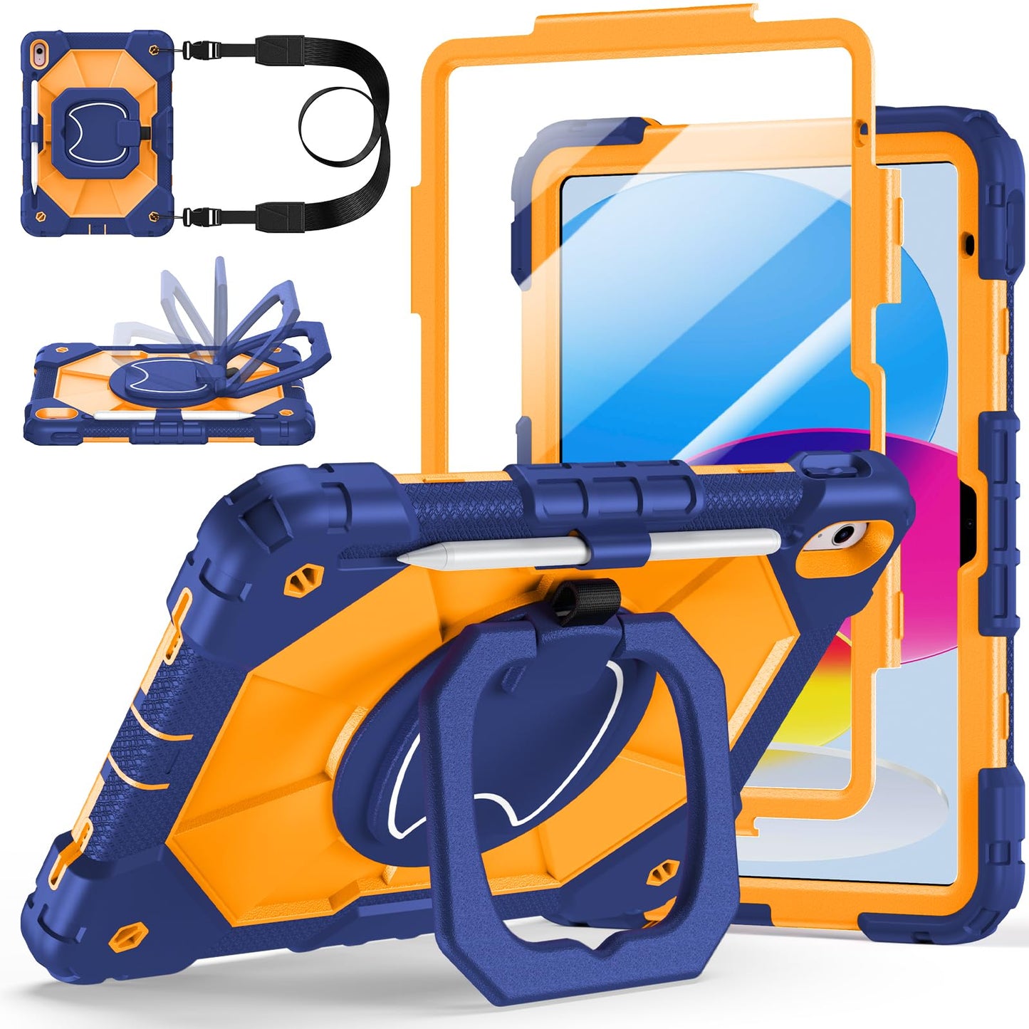 Case for iPad A16 11th Generation 11 Inch 2025, Auorld for iPad 10th Generation 10.9 inch 2022 case with Screen Protector, 360 Degree Rotating Stand Shoulder Strap Pencil Holder, Navy Pink