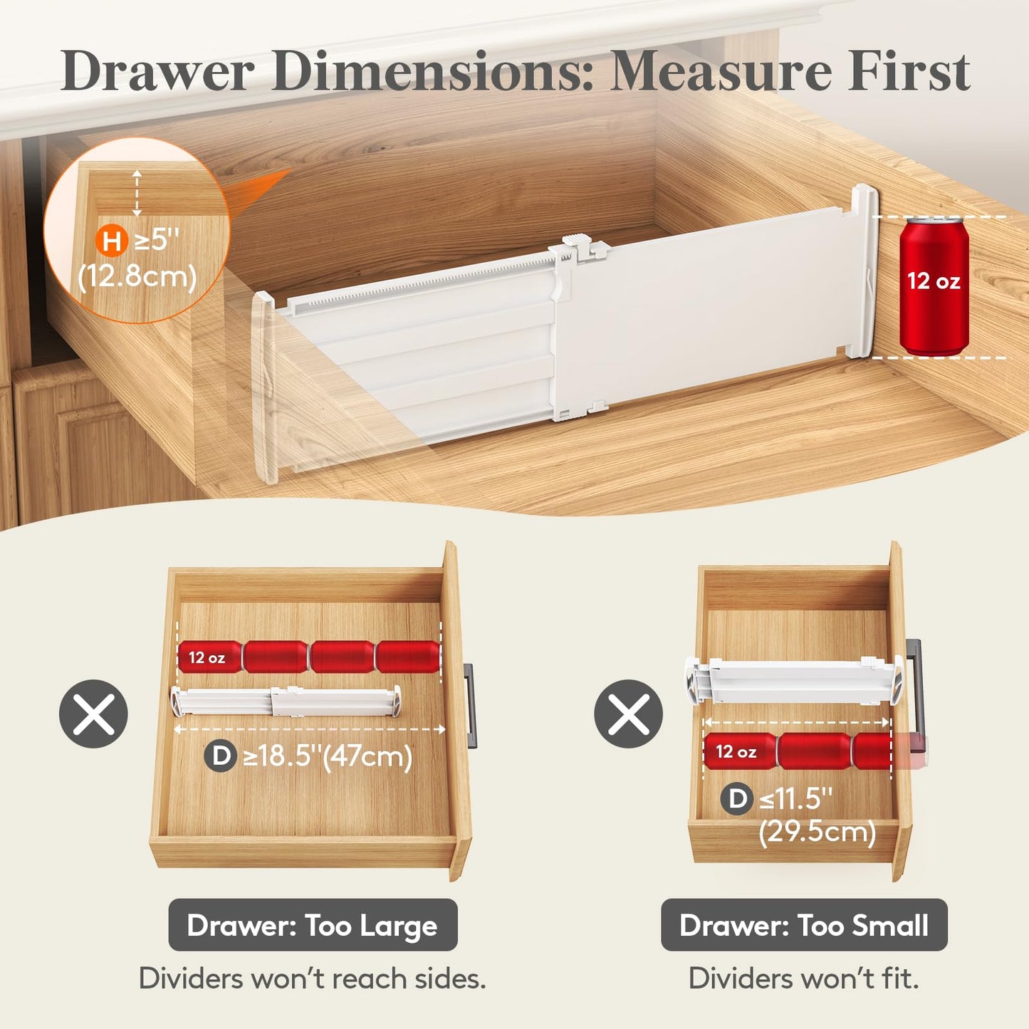 Lifewit 8" Tall 4 Pack Drawer Dividers, 13.8"-22.2" Adjustable Deep Drawer Organizer Clothes, Expandable White Plastic Separators for Dresser, Kitchen, Cabinet, Closet, Office Organization & Storage