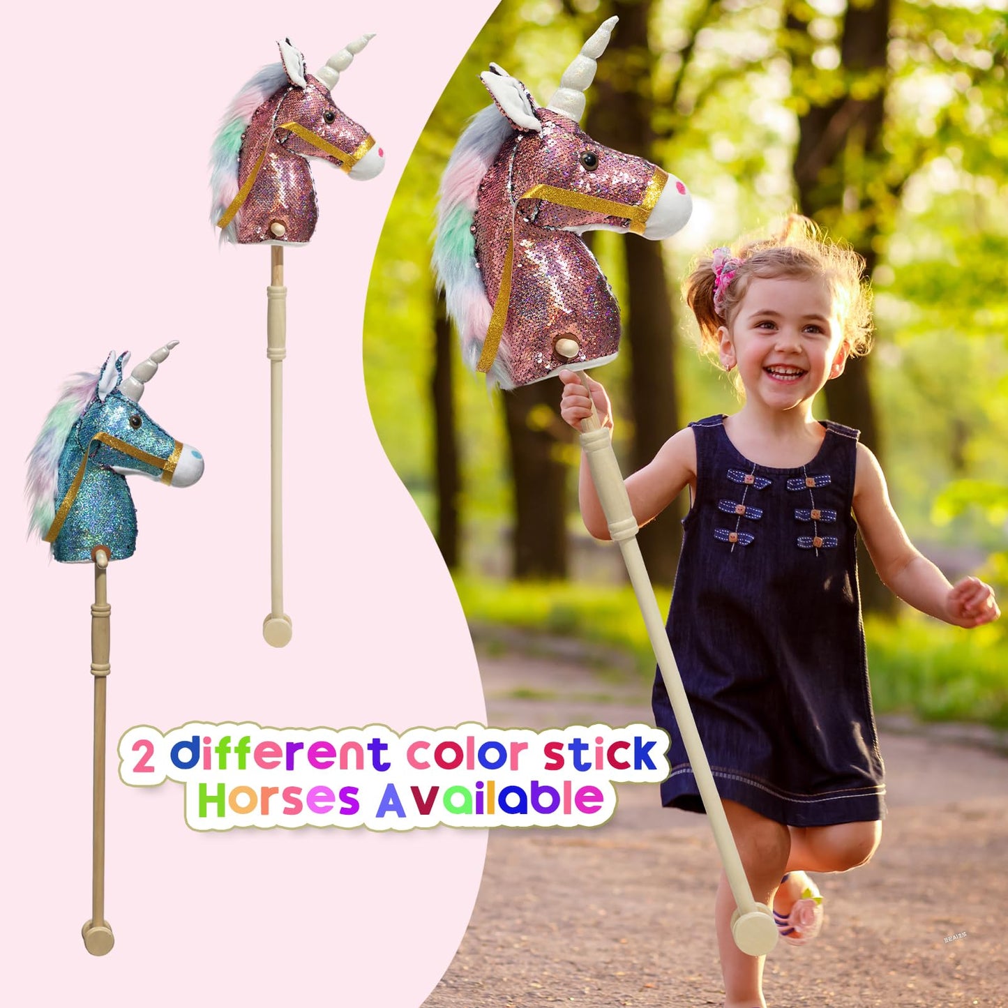 HollyHOME Plüsch Einhorn Steckenpferd mit Holzrädern Echten Pony Wiehern und Galoppieren Geräuschen Plüschtier Rosa 94 cm (AA Batterien Benötigt)