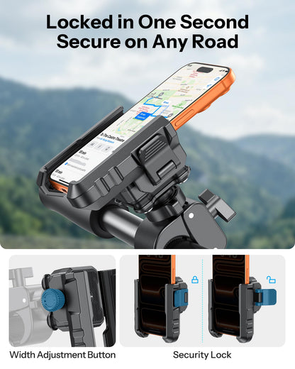 OMOTON BK01 Anti-Vibration Phone Mount, Quick Lock Shockproof Bike & Motorcycle Cell Phone Holder, Fits iPhone & Android for Riders on E-Bike, Stroller, Scooter, Fits Handlebars & Rearview Mirror
