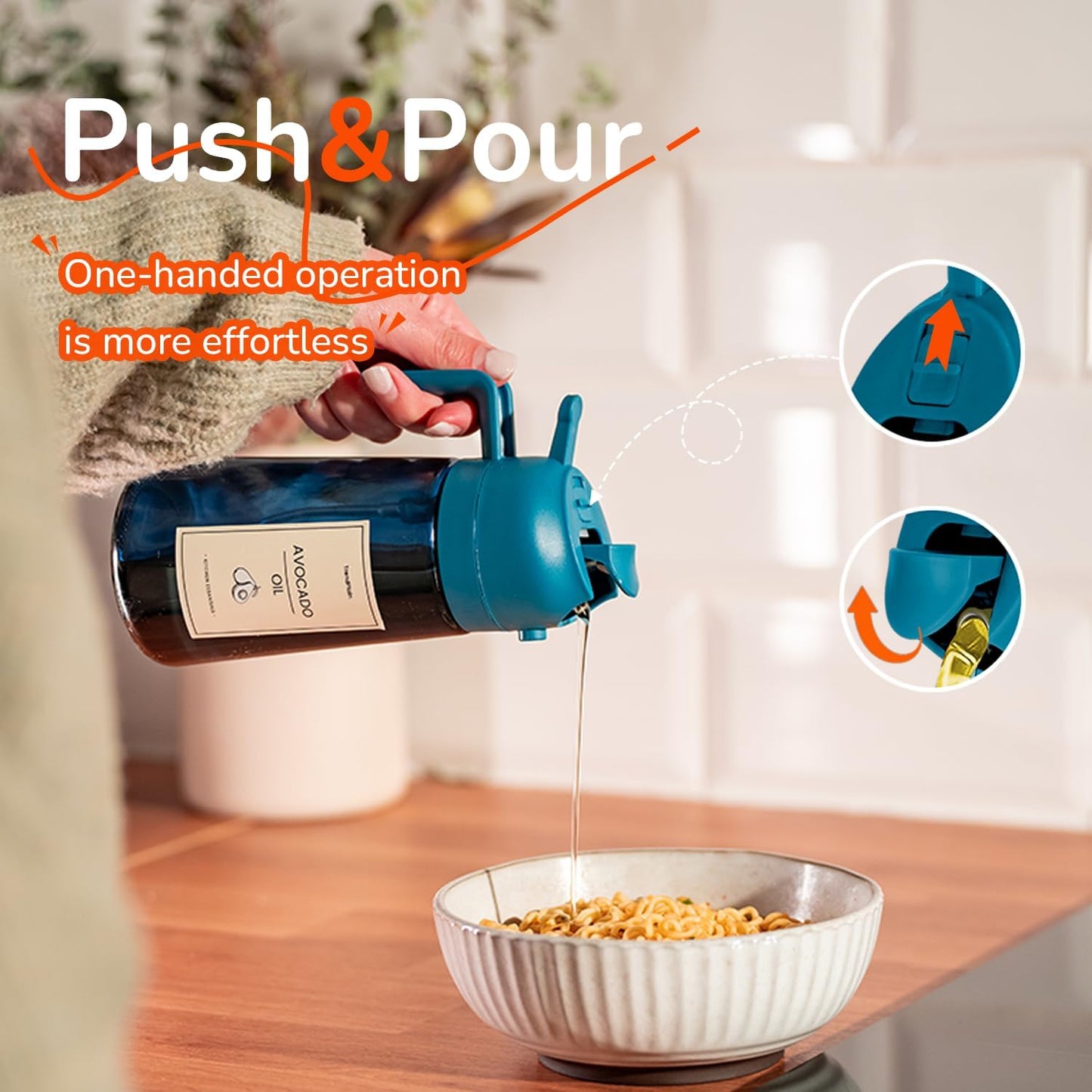 TrendPlain Botella dispensadora de aceite de oliva de 470 ml para utensilios de cocina - Dispensador y pulverizador 2 en 1 - Pulverizador de aceite de oliva con pegatinas (bloqueo de luz) - Sin BPA - Negro