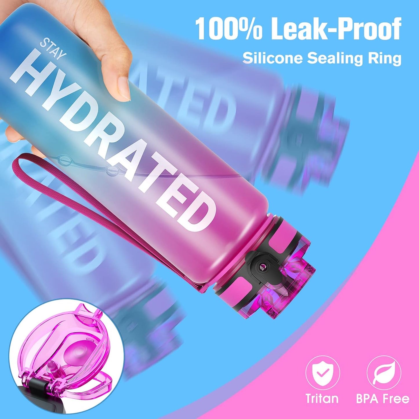 Sahara Sailor Trinkflasche, 950ml Motivations-Sportflasche mit Zeitmarkierung – Trinkzeiten – Tritan, BPA-frei, weite Öffnung auslaufsicher, Fast-Flow-Technologie mit Reinigungsbürste (1 Flasche)