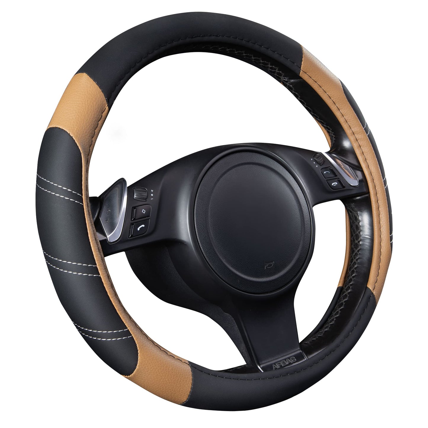 CAR PASS Line Rider Mikrofaser-Leder Sportlicher Lenkradbezug Universal Passend für 95% LKW, SUV, PKW, 36,8-38,1 cm Rutschfest Sicher Bequem Design (Schwarz-Grau)