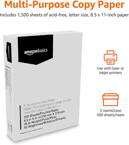 Amazon Basics Mehrzweck-Kopierpapier, 21,6 x 27,9 cm, 75 g/m², 3 Ries, 1500 Blatt, 92 Helligkeit, Weiß