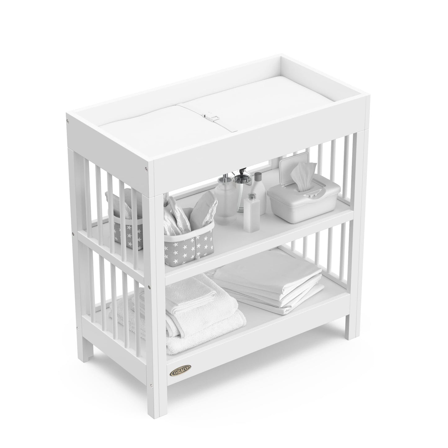 Graco Teddi Changing Table with Water-Resistant Changing Pad (Driftwood) - GREENGUARD Gold Certified, Includes Bonus Water-Resistant Changing Pad with Safety Strap, 2 Shelves, Easy-to-Match