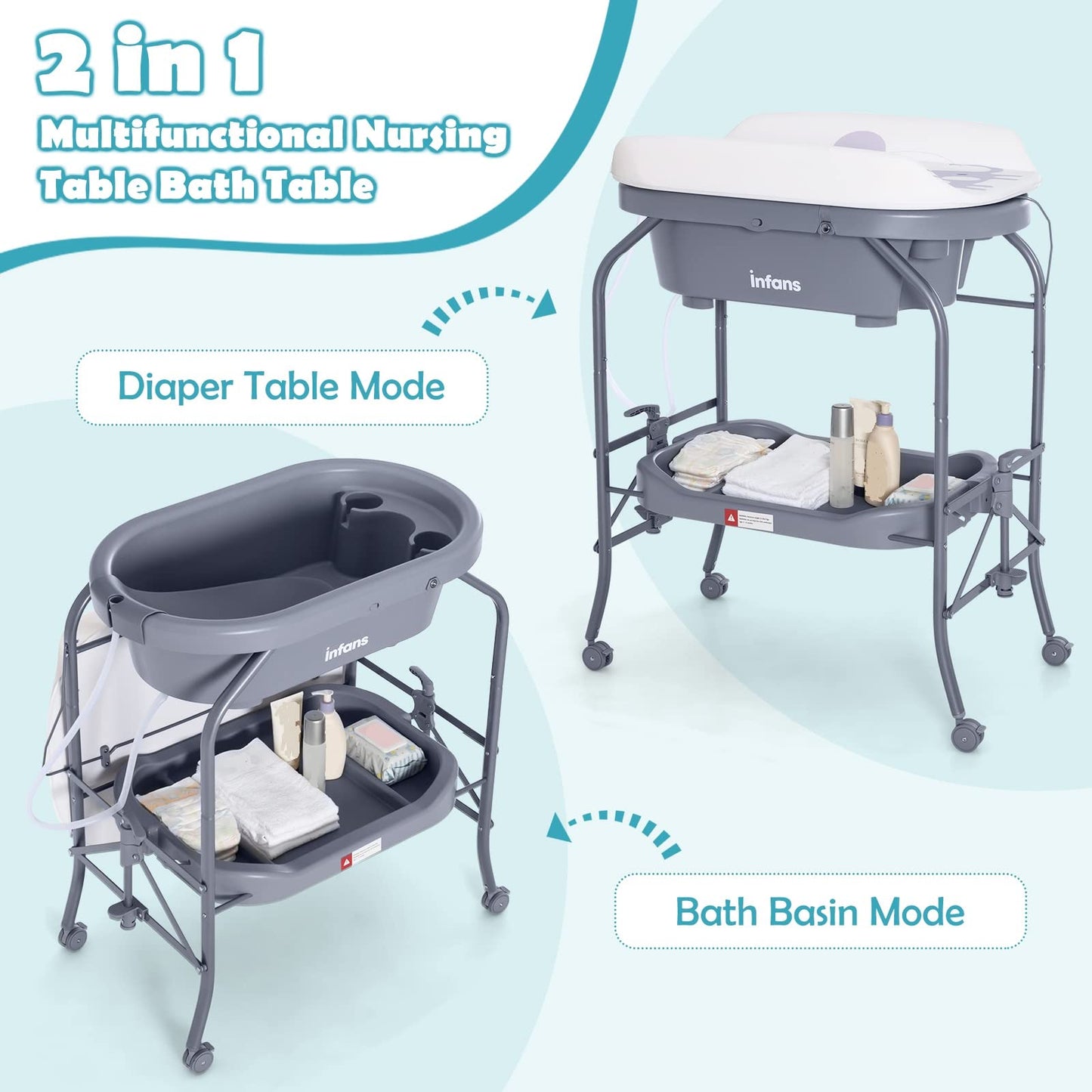 INFANS 2 in 1 Baby Changing Table with Bath Tub Unit, Folding Diaper Dresser Station with Wheels Waterproof Pad Storage Rack, Portable Nursery Organizer Stand for Newborn Infant